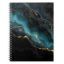 Black Teal Ink Marble Notebook with Gold Flow Vein