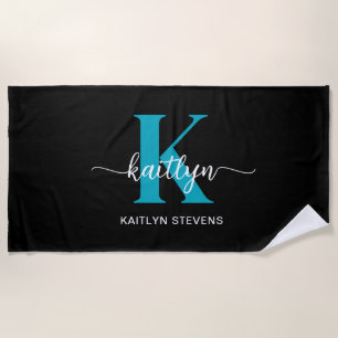 Black Teal Monogram Beach Towel
