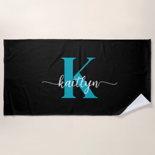 Black Teal Monogram Beach Towel