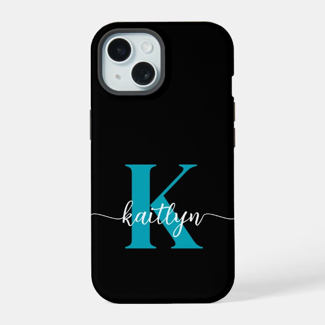 Black Teal Monogram iPhone 15 Case (Back)
