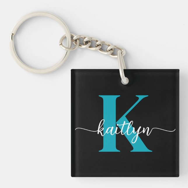 Black Teal Monogram Key Ring (Front)