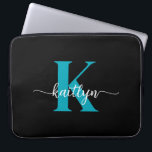 Black Teal Monogram Laptop Sleeve<br><div class="desc">This simple,  elegant 15" black laptop sleeve with your first name in a trendy script font in white and your first initial in a modern cap font in teal is perfect for you.  It's stylish and trendy and yet very classic. It's unique - like you!</div>