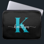 Black Teal Monogram Laptop Sleeve<br><div class="desc">This simple,  elegant black 13" laptop sleeve with your first name in a trendy script font in white and your first initial in a modern cap font in teal is perfect for you.  It's stylish and trendy and yet very classic. It's unique - like you!</div>