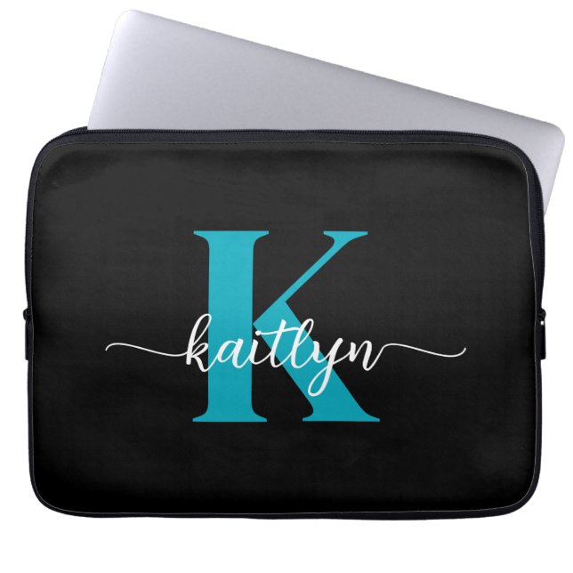 Black Teal Monogram Laptop Sleeve (Front)