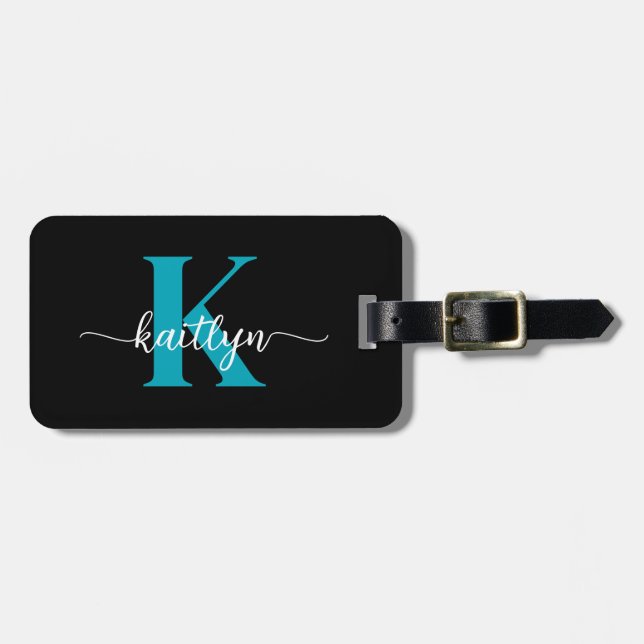 Black Teal Monogram Luggage Tag (Front Horizontal)