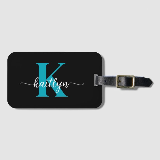 Black Teal Monogram Luggage Tag (Front Horizontal)