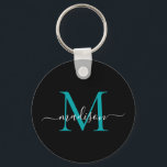 Black Teal Monogram Name Elegant Modern Script Key Ring<br><div class="desc">Simple Black Teal Green Monogram Elegant Modern Script Keychain</div>