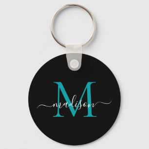 Black Teal Monogram Name Elegant Modern Script Key Ring