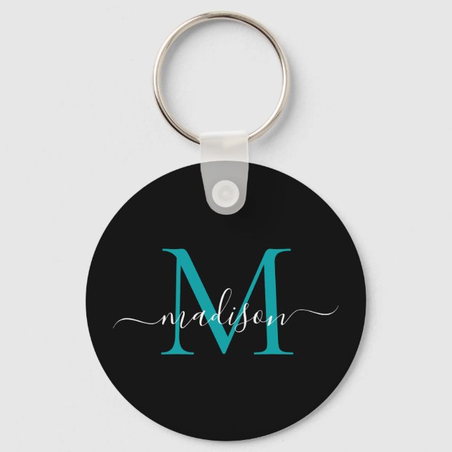 Black Teal Monogram Name Elegant Modern Script Key Ring (Front)