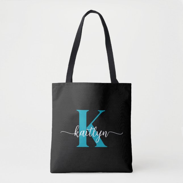 Black Teal Monogram Tote Bag (Front)