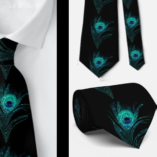 Black Teal Peacock Feathers Weddings Neck Tie
