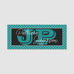 Black & Teal Polka Dot Monogram: White Handwritten Name Tag