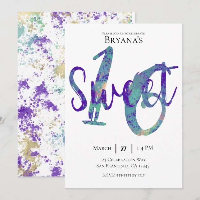 Black Teal Purple Gold Sweet 16 Birthday Party Invitation (Front/Back)