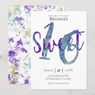Black Teal Purple Gold Sweet 16 Birthday Party Invitation
