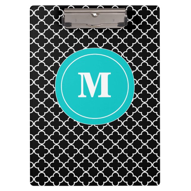 Black Teal Quatrefoil Monogram Clipboard (Front)