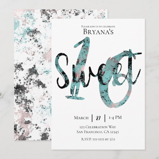 Black Teal Rose Gold Pink Sweet 16 Birthday Party Invitation (Front/Back)
