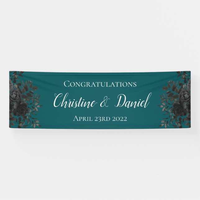 Black Teal Rose Gothic Elegant Wedding Banner (Horizontal)