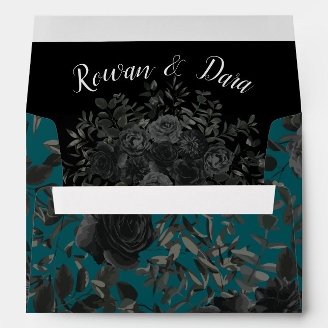 Black Teal Rose Gothic Elegant Wedding Envelope (Back (Bottom))