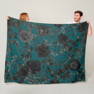 Black Teal Rose Gothic Elegant Wedding Fleece Blanket