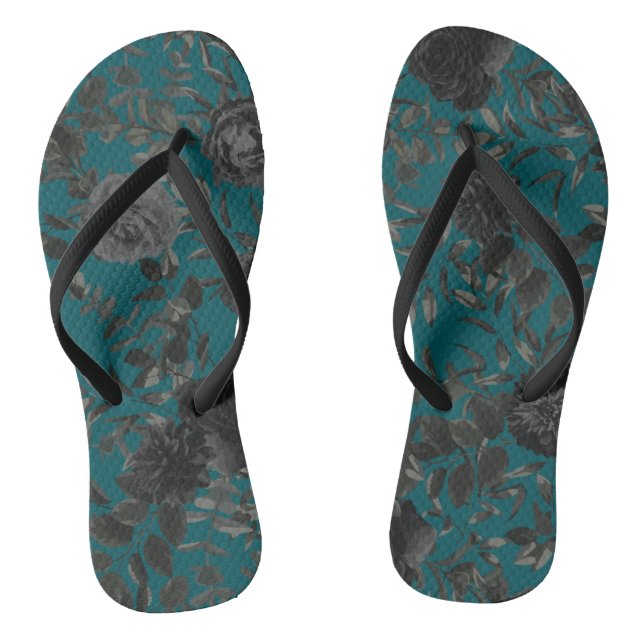 Black Teal Rose Gothic Elegant Wedding Flip Flops (Footbed)
