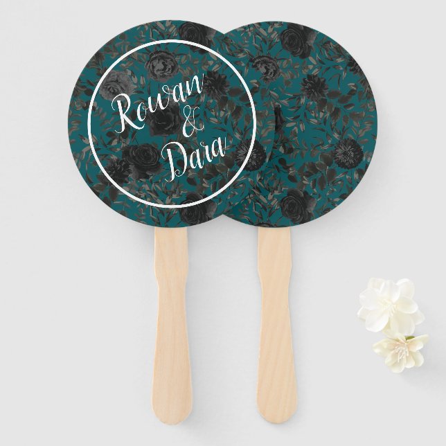 Black Teal Rose Gothic Elegant Wedding Hand Fan (Front and Back)