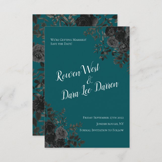 Black Teal Rose Gothic Elegant Wedding Invitation (Front/Back)