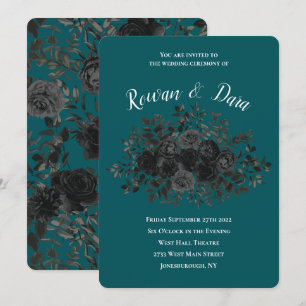 Black Teal Rose Gothic Elegant Wedding Invitation