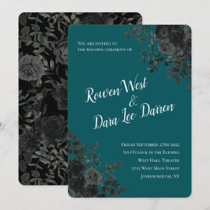 Black Teal Rose Gothic Elegant Wedding Invitation