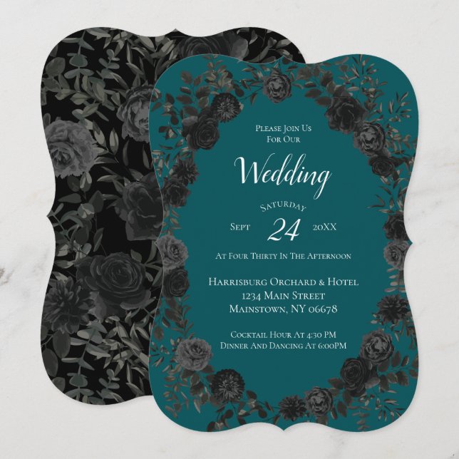 Black Teal Rose Gothic Elegant Wedding Invitation (Front/Back)