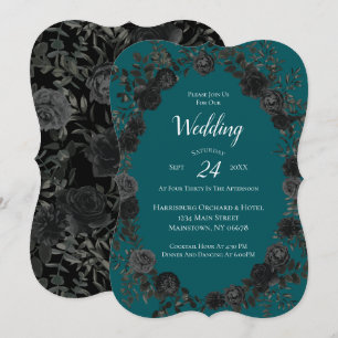 Black Teal Rose Gothic Elegant Wedding Invitation