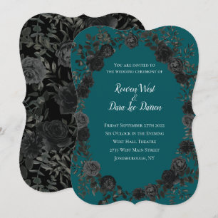 Black Teal Rose Gothic Elegant Wedding Invitation