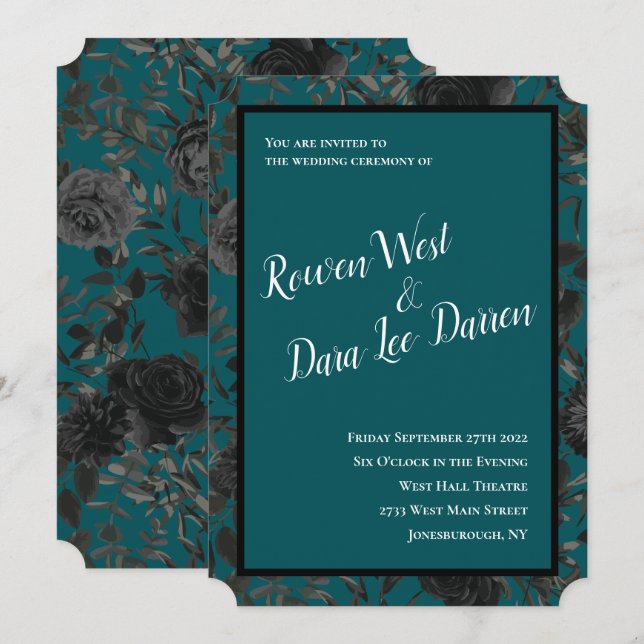 Black Teal Rose Gothic Elegant Wedding Invitation (Front/Back)