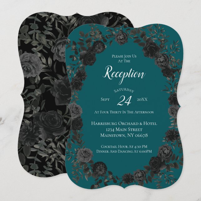 Black Teal Rose Gothic Elegant Wedding Invitation (Front/Back)