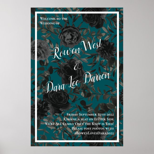 Black Teal Rose Gothic Elegant Wedding Poster (Front)