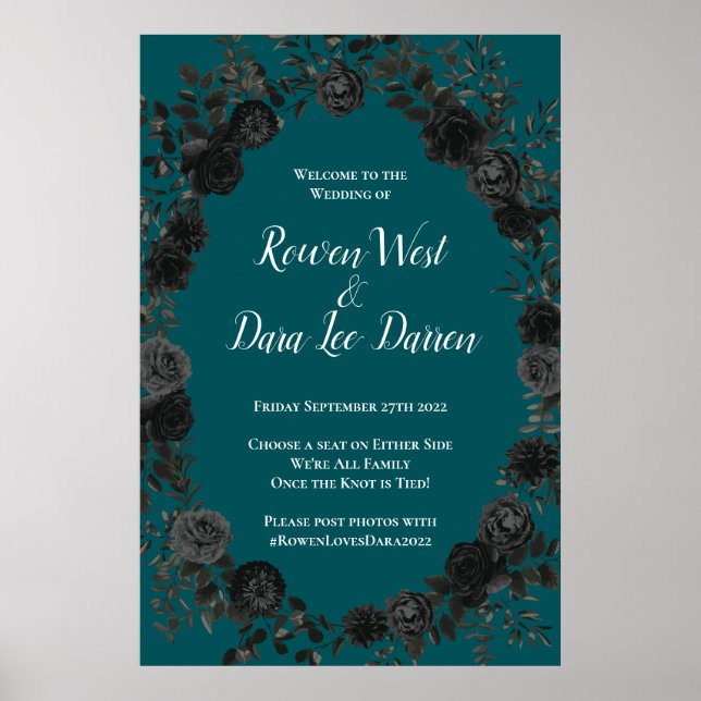 Black Teal Rose Gothic Elegant Wedding Poster (Front)