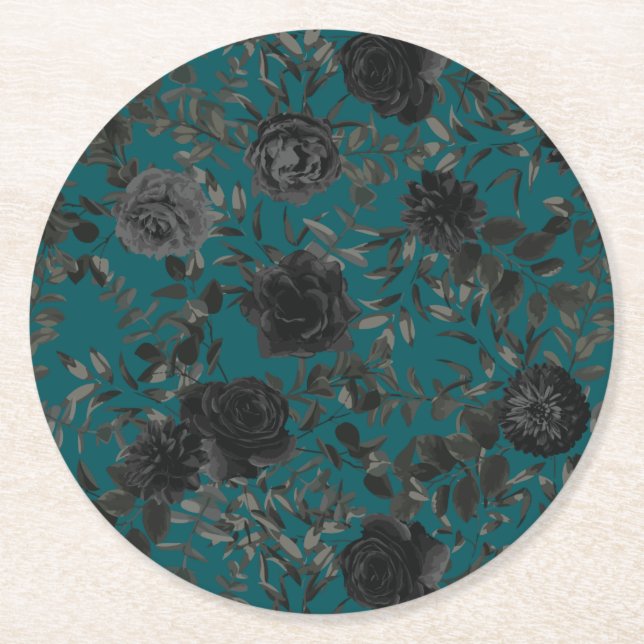 Black Teal Rose Gothic Elegant Wedding Round Paper Coaster (Front)
