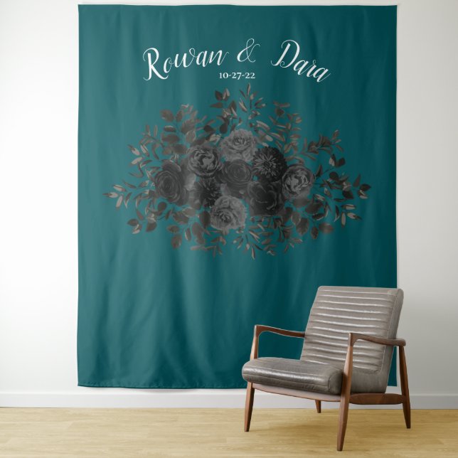 Black Teal Rose Gothic Elegant Wedding Tapestry (In Situ)