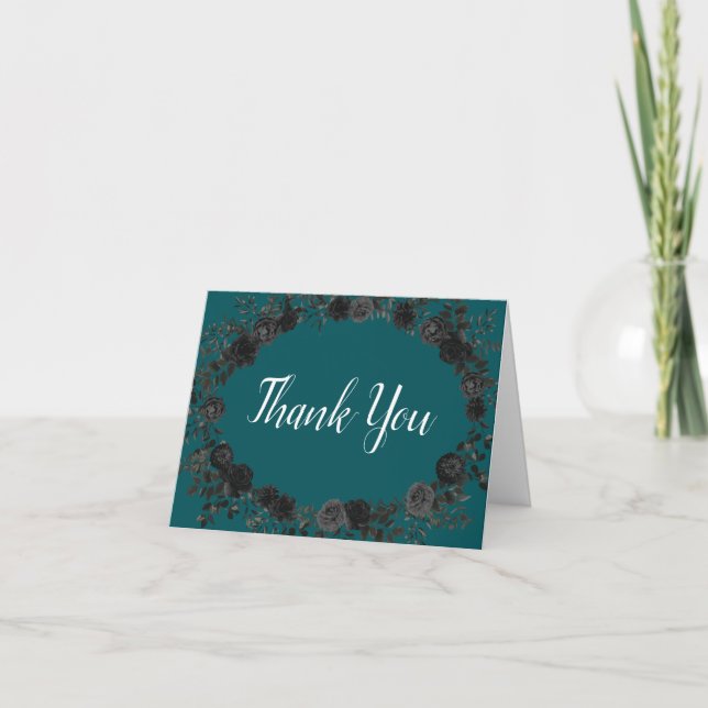 Black Teal Rose Gothic Elegant Wedding Thank You Card (Front)