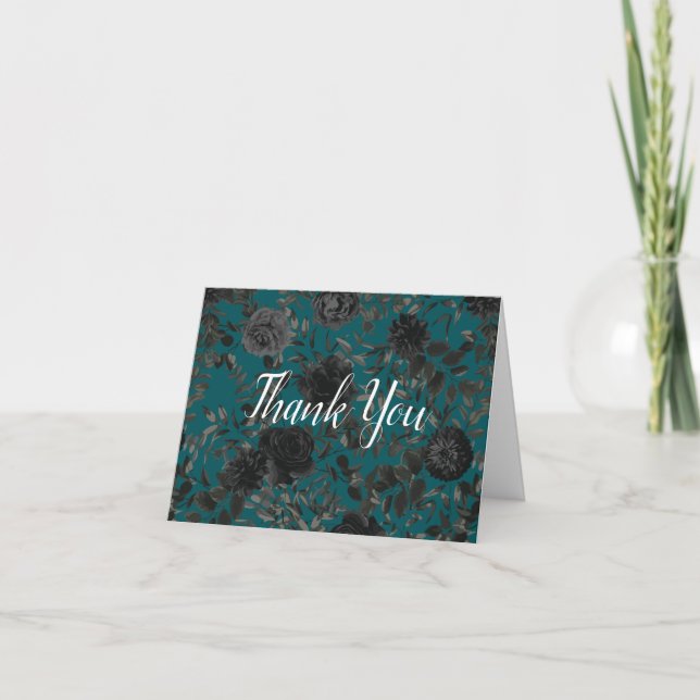 Black Teal Rose Gothic Elegant Wedding Thank You Card (Front)