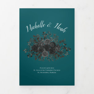 Black Teal Rose Gothic Elegant Wedding Tri-Fold Programme