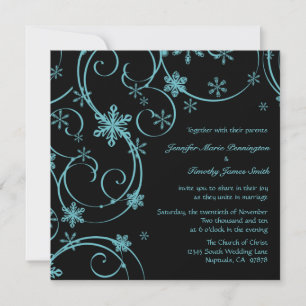 Black teal snowflakes winter wedding invitation