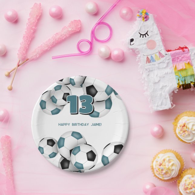 black teal soccer balls kids sports birthday party paper plate (Party)