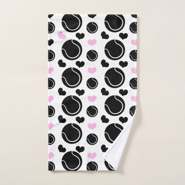 Black Tennis Balls Pattern and Pink Hearts Love Hand Towel (Hand Towel)