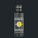Black tennis court water bottle gift for player<br><div class="desc">Black tennis court water bottle gift for player. Personalized tennis water bottle gift with yellow tennis ball logo. Cool matte black surface design with custom name. Custom sports Birthday gift idea for kids and adults. Stainless steel drink accessories for long matches on court. Cool Birthday gift idea for daughter, son,...</div>