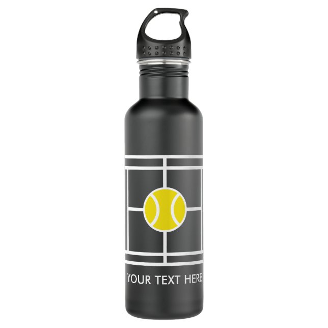 Black tennis court water bottle gift for player (Front)
