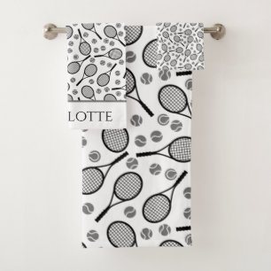 Black Tennis Rackets and Grey Balls Simple Classic Bath Towel Set