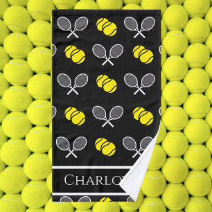 Black Tennis Rackets & Balls Pattern Hand Towel