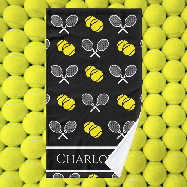 Black Tennis Rackets & Balls Pattern Hand Towel (Creator Uploaded)