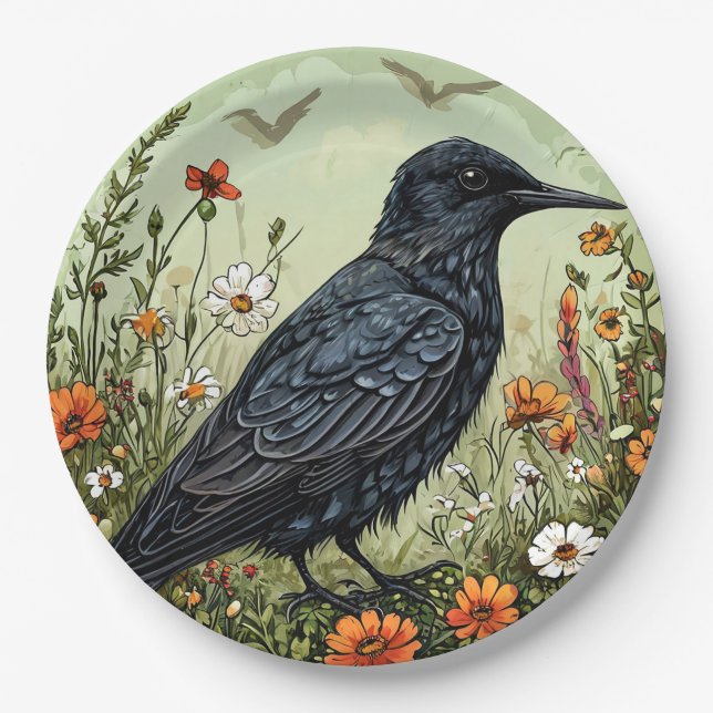 Black tern Bird Amid Blooming Flowers Paper Plate (Front)