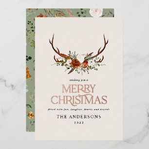 Black terracotta botanical elegant stag floral foil holiday card